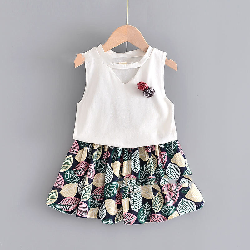 Girls Sleeveless Flower Blouse + Leaf Print Skirt Children Two-Piece Dress