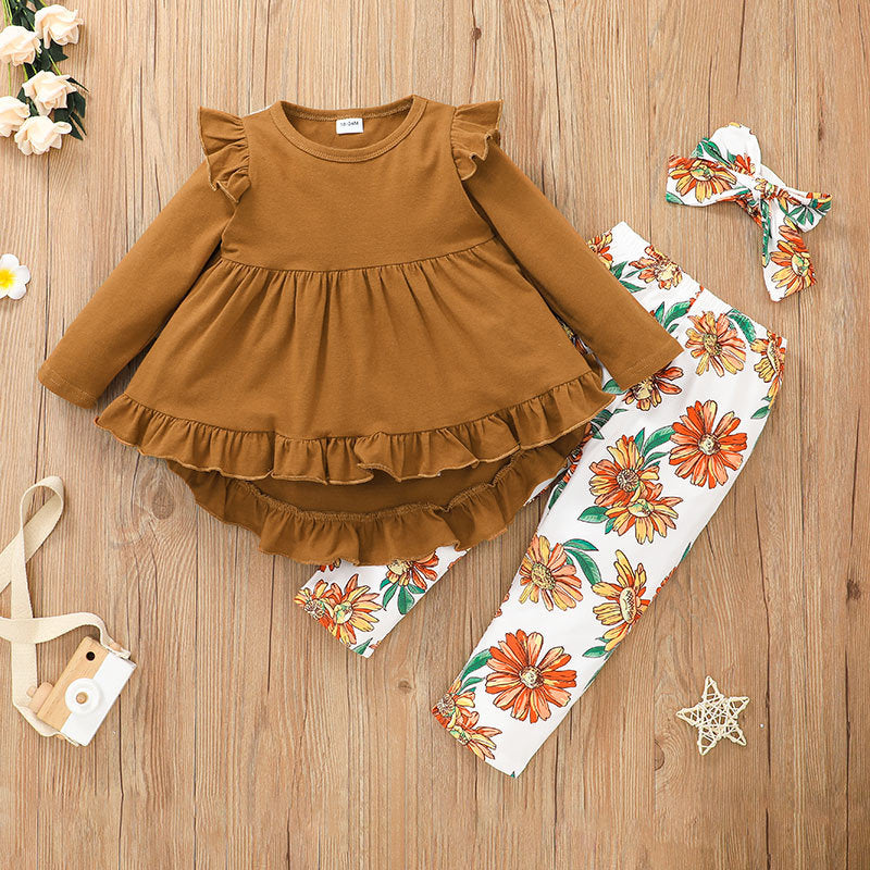 Girls' Lotus Leaf Lace Skirt And Trousers Suit